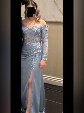 Embellished Light Blue Off-Shoulder Long Sleeve Evening Dress